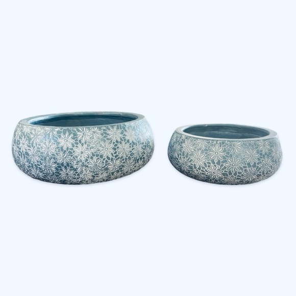 Etched Daisy Set of 2| Painted Terra Cotta Blue & White Planter Bowls Succulents - Picture 1 of 13